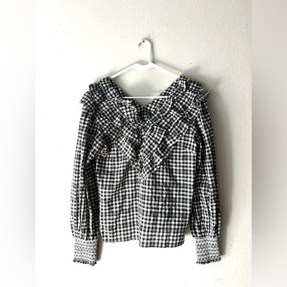 English Factory Gingham Plaid Print Ruffled V-Neck Women's Top M Black - Picture 3 of 9